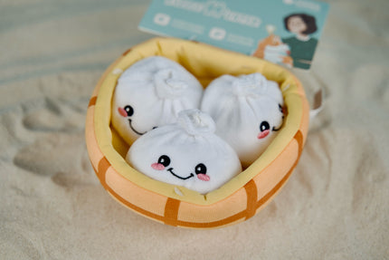 Jouet interactif dim sum pour chien avec panier vapeur et trois jouets boulettes couineurs pour stimulation mentale