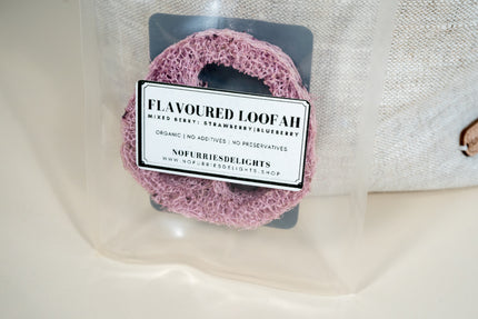 Luffa à la fraise et myrtille, jouet à mâcher pour petits animaux et oiseaux.