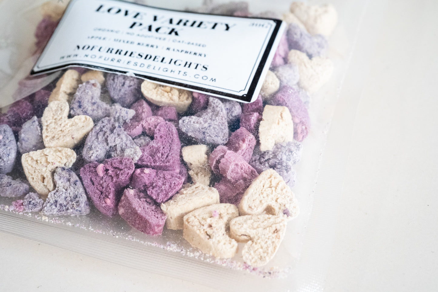 Close-up view of the heart shaped treats for small pets.