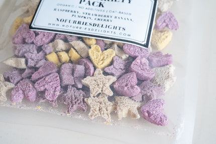 Close-up view of Lucky variety pack treats for pets.