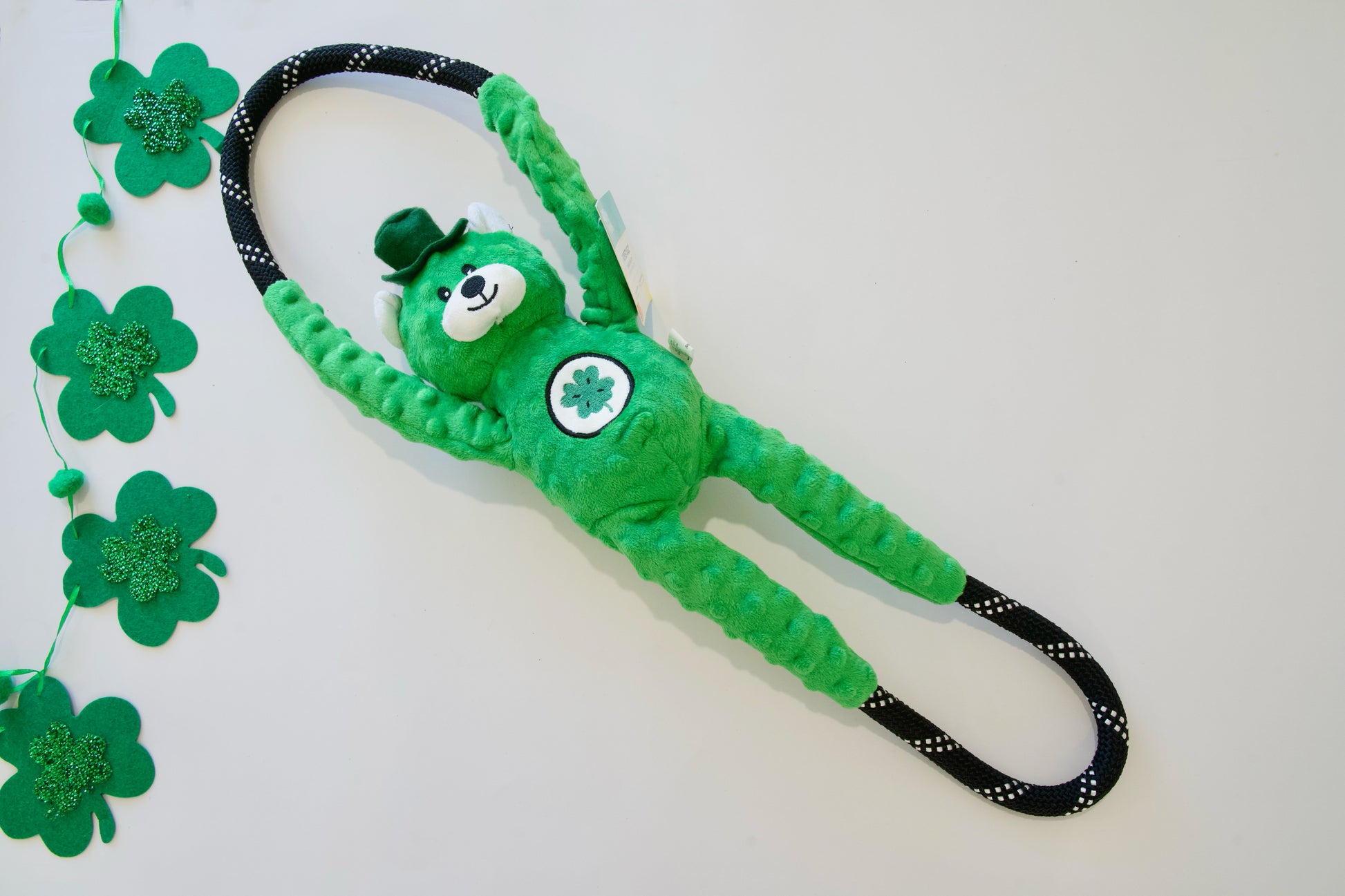 Ours en peluche porte-bonheur vert et jouet pour chien en corde sur fond blanc.