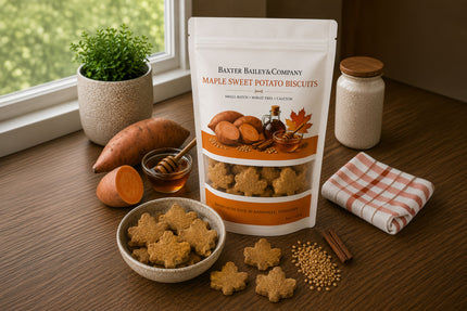 Biscuits pour chiens à la patate douce, à l'érable et de la farine d'avoine, présentées en sachet.