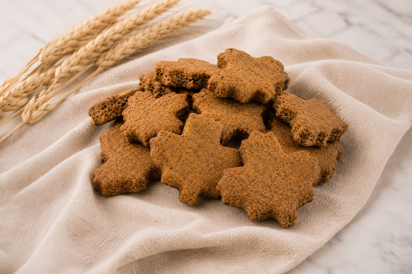 Gros plan sur les biscuits pour chiens à la patate douce et au sirop d'érable : des friandises sans gluten, préparées avec des ingrédients sains et cuites en petites quantités.