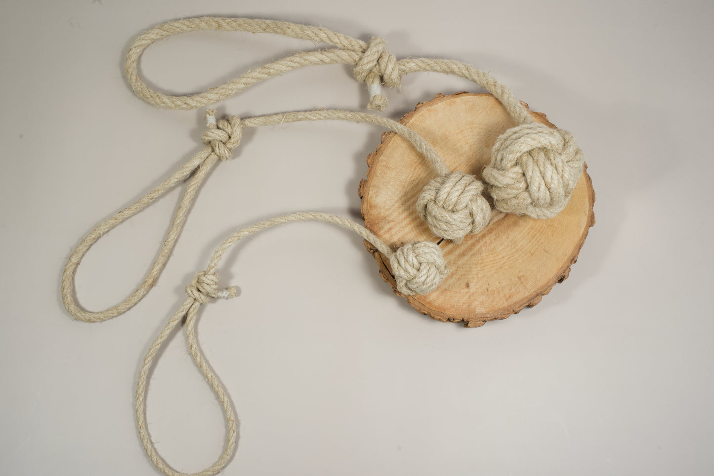Handmade dog toy made from hemp rope.