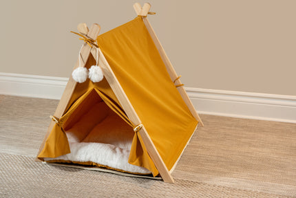 Vue latérale de la tente orange pour animaux.