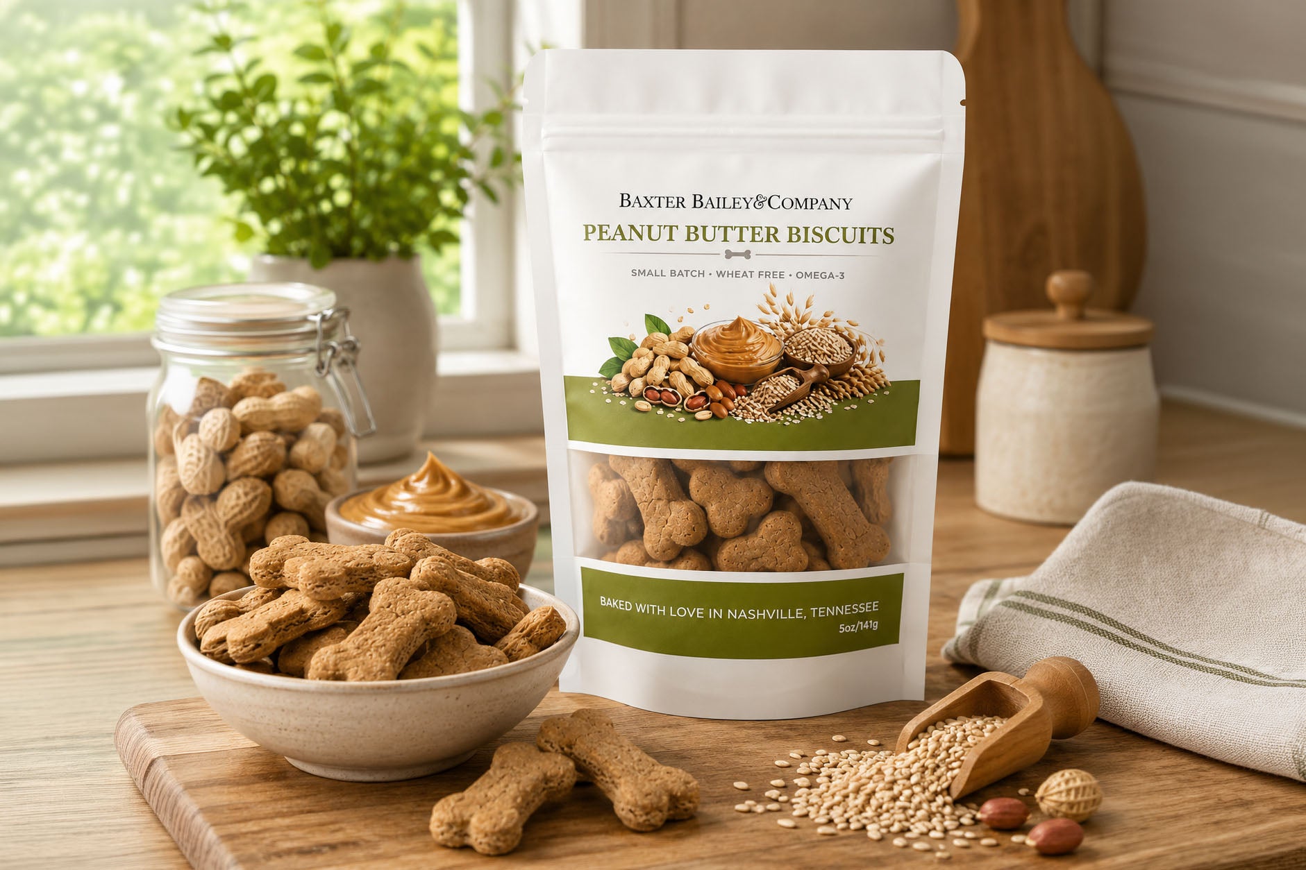 Baxter Bailey Peanut Butter Biscuits handcrafted dog treats made with real peanut butter and oat flour in a resealable bag.