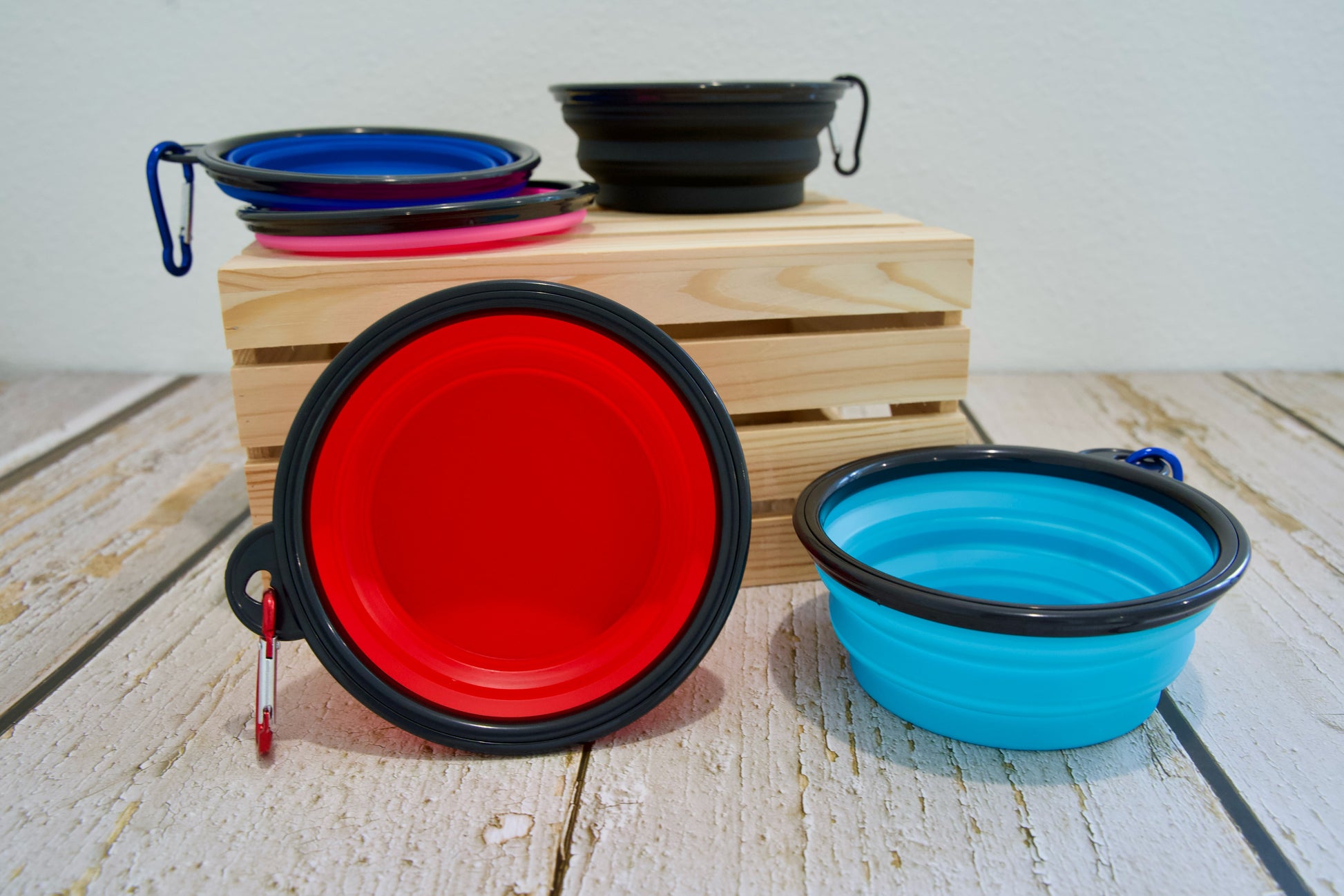 Gamelles pliables pour animaux de compagnie, de différentes couleurs, sur une surface en bois.