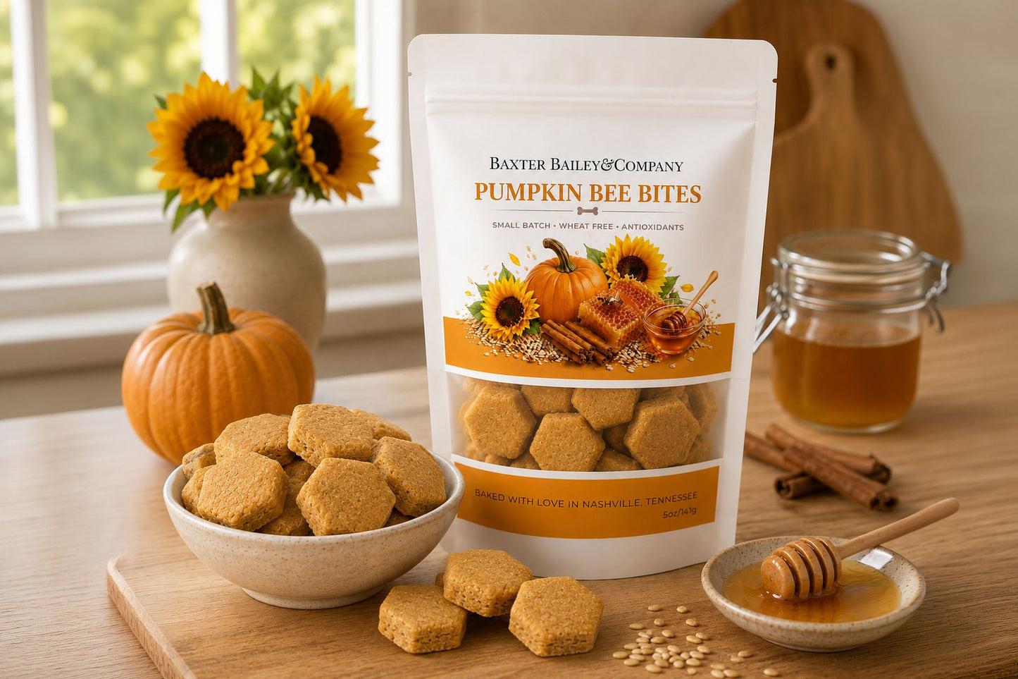 Baxter Bailey Pumpkin Bee Bites handcrafted dog treats made with real pumpkin, honey, and oat flour in a resealable bag.