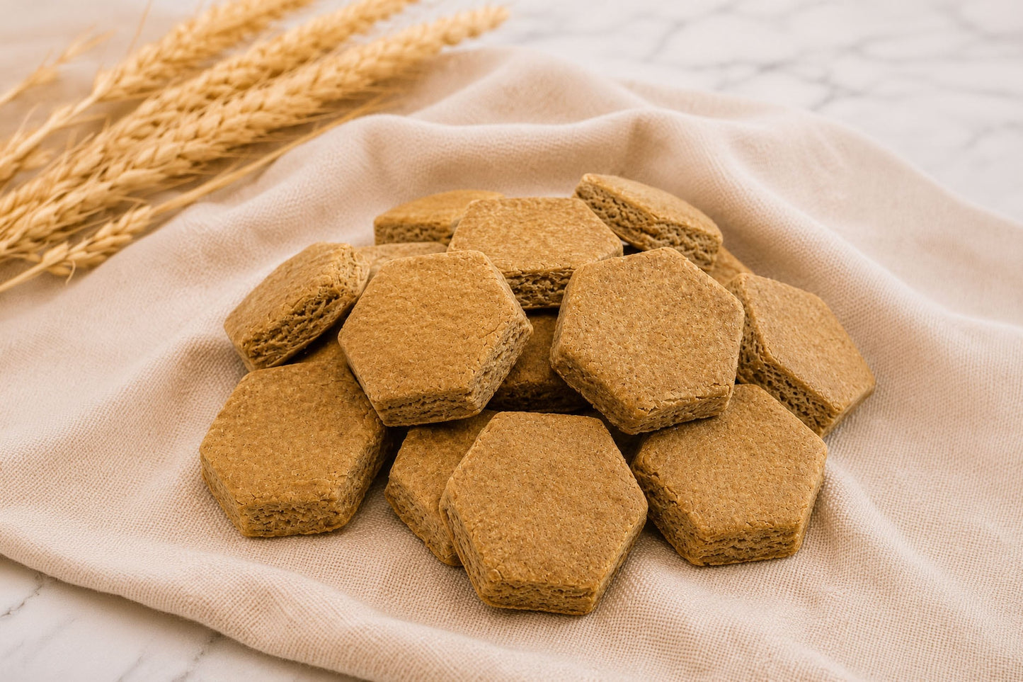 Close-up of Baxter Bailey Pumpkin Bee Bites, gluten-free dog treats made with wholesome ingredients and baked in small batches.