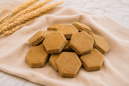 Close-up of Baxter Bailey Pumpkin Bee Bites, gluten-free dog treats made with wholesome ingredients and baked in small batches.