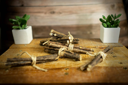 Des fagots de bâtons de matatabi sont attachés ensemble sur une surface en bois, avec des plantes en pot en arrière-plan.