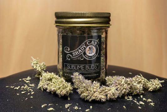 Jar of Shady Cat Social Club Sublime Buds with catnip buds on a dark surface.|Un pot de bourgeons de fleurs d'herbe à chat de la marque Shady Cat Social Club, posé sur une surface sombre.