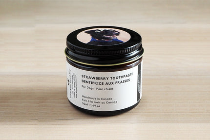 Pot de dentifrice à la fraise pour chiens sur une surface en bois.