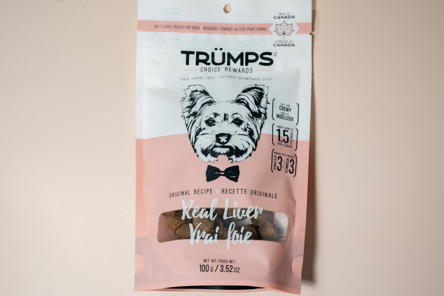 Trumps real liver for dogs is a soft and chewy treat under 1.5 calories each bite and enrobed with omega 3.