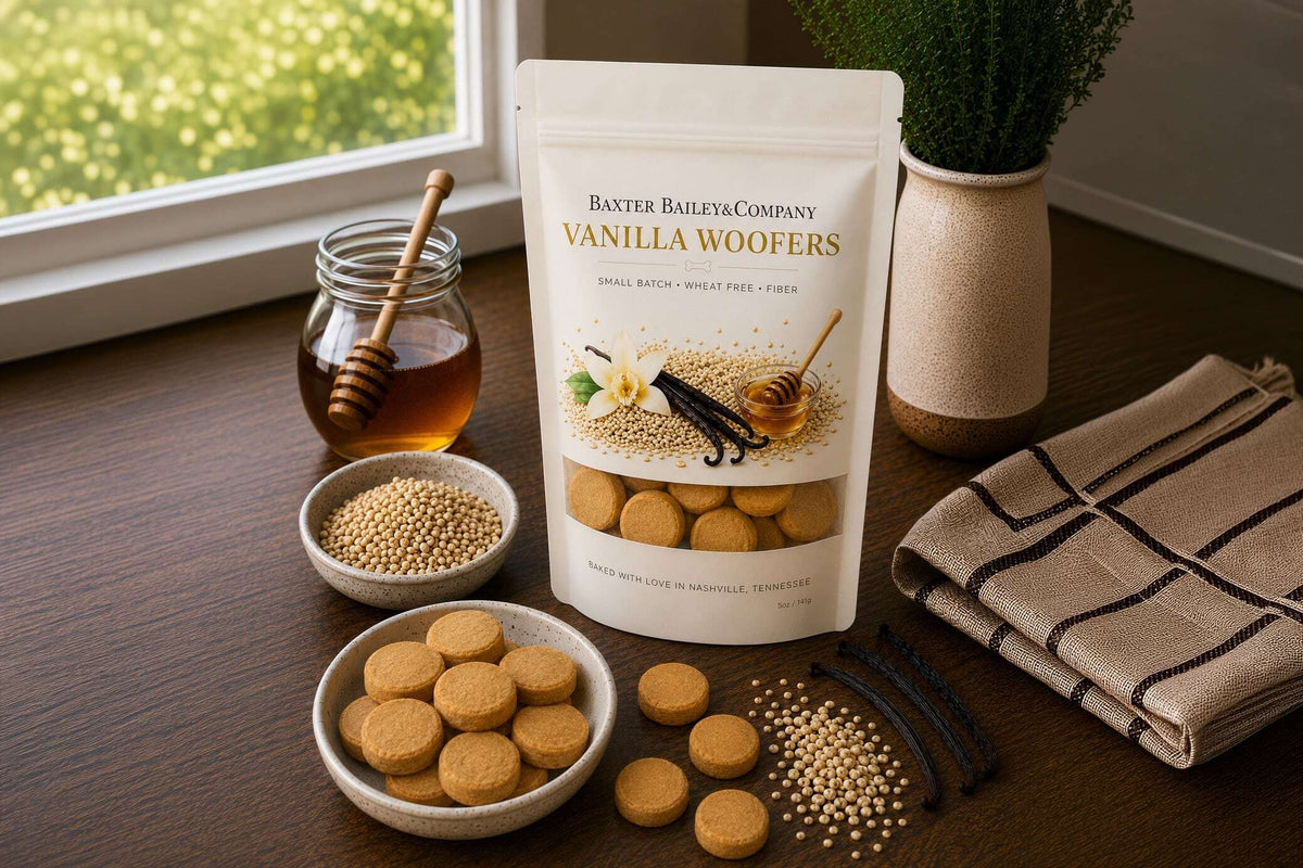 Friandises naturelles pour chiens à la vanille, miel et farine d'avoine, en sachet refermable.