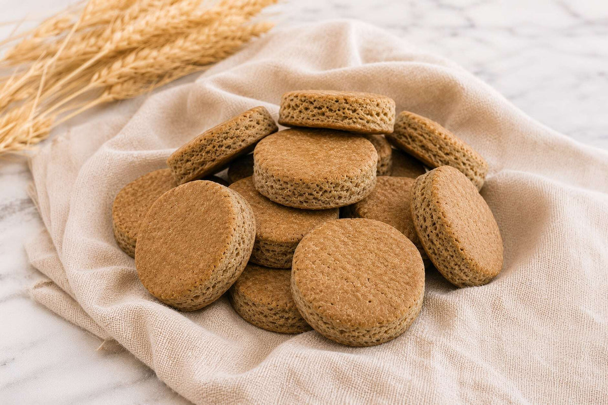 Gros plan sur les friandises pour chiens artisanales à la vanille et miel sans gluten, préparés avec des ingrédients sains.