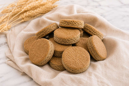 Gros plan sur les friandises pour chiens artisanales à la vanille et miel sans gluten, préparés avec des ingrédients sains.