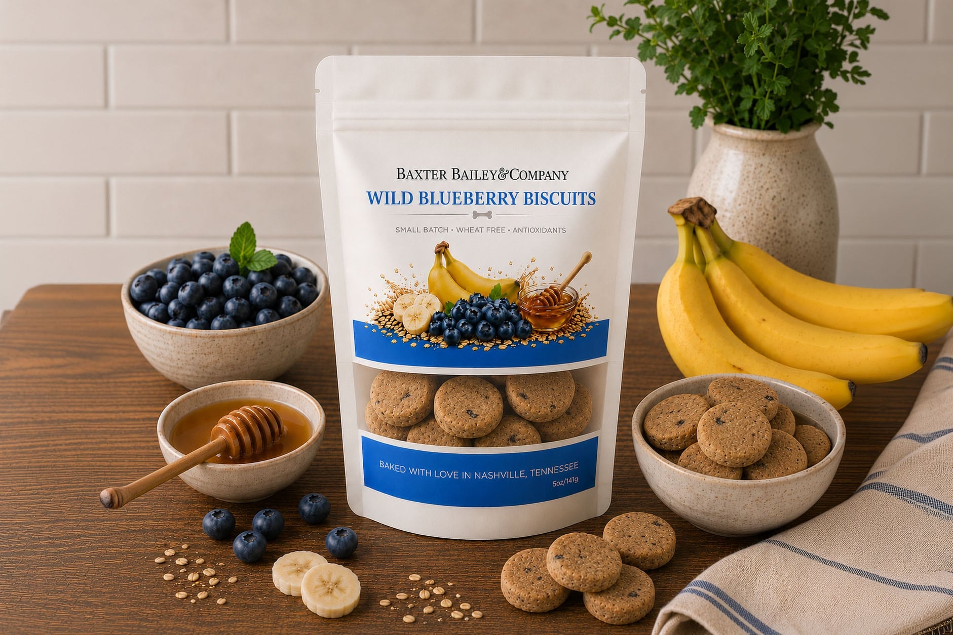Baxter Bailey Wild Blueberry Biscuits handcrafted dog treats made with real blueberries and oat flour in a resealable bag.