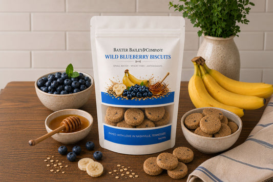 Baxter Bailey Wild Blueberry Biscuits handcrafted dog treats made with real blueberries and oat flour in a resealable bag.|Biscuits pour chiens aux myrtilles sauvages et farine d'avoine, présentées dans un sachet refermable.