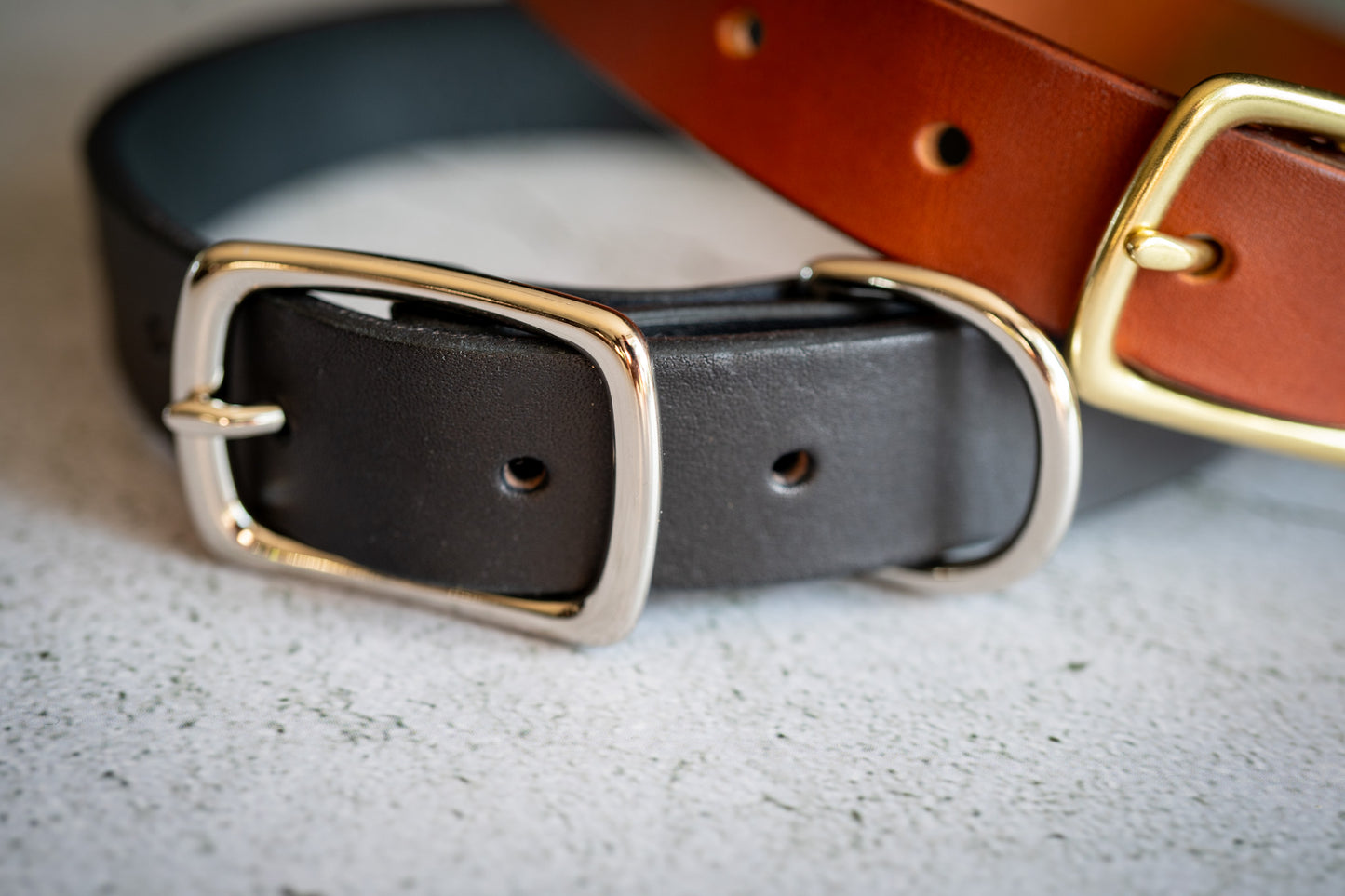 Close-up view of the nickel plated brass buckle of the black leather 1 inch dog collar.