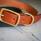 Close-up view of the natural brass buckle of the brown leather dog collar 1 inch.